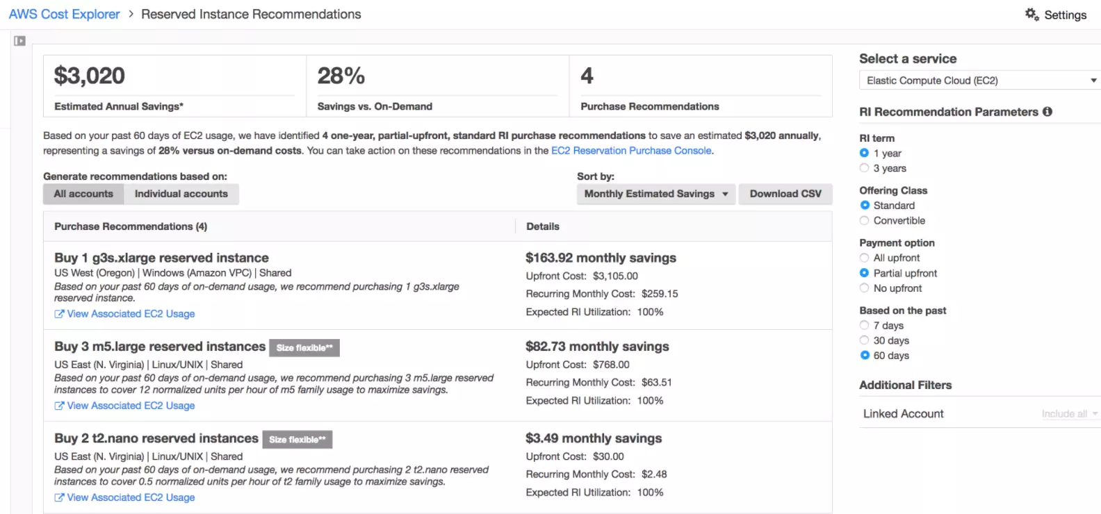 AWS Cost Explorer Recommendations