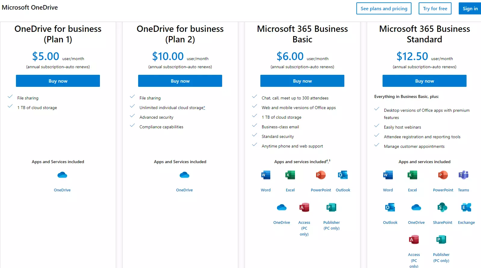 onedrive for business subscription plans and pricing