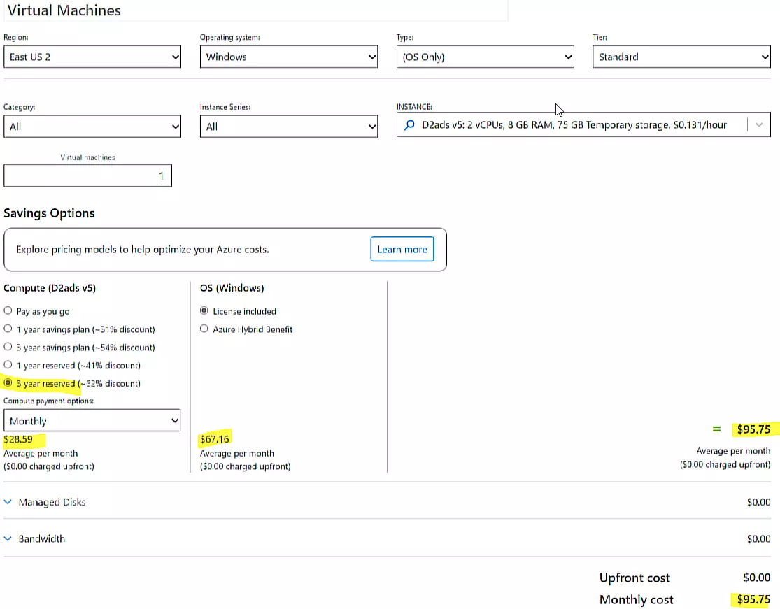 azure vm pricing