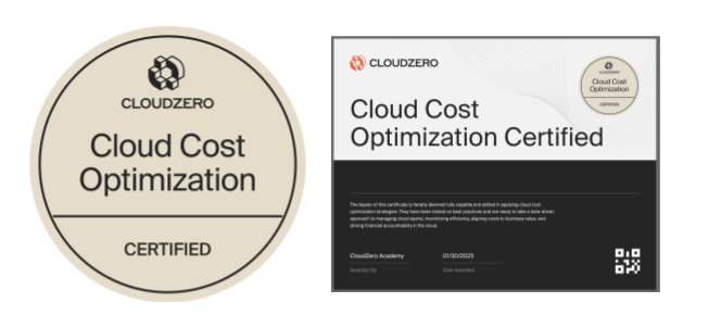 Close-up of the Cloud Cost Optimization Certified badge and certificate awarded to participants who successfully complete the CloudZero FinOps Capture The Flag modules.