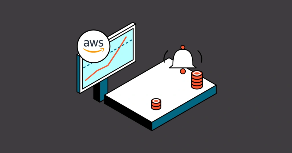 Isometric illustration of a monitor displaying a rising AWS cost trend line, next to a ringing alert bell and stacked database icons, representing AWS budget alerts.