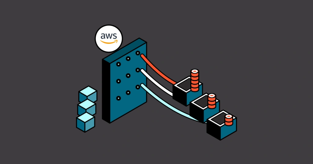 Isometric illustration of the AWS logo above a patch panel routing colored cables to boxes topped with coin stacks — how AWS EventBridge routes events to targets and the downstream costs.