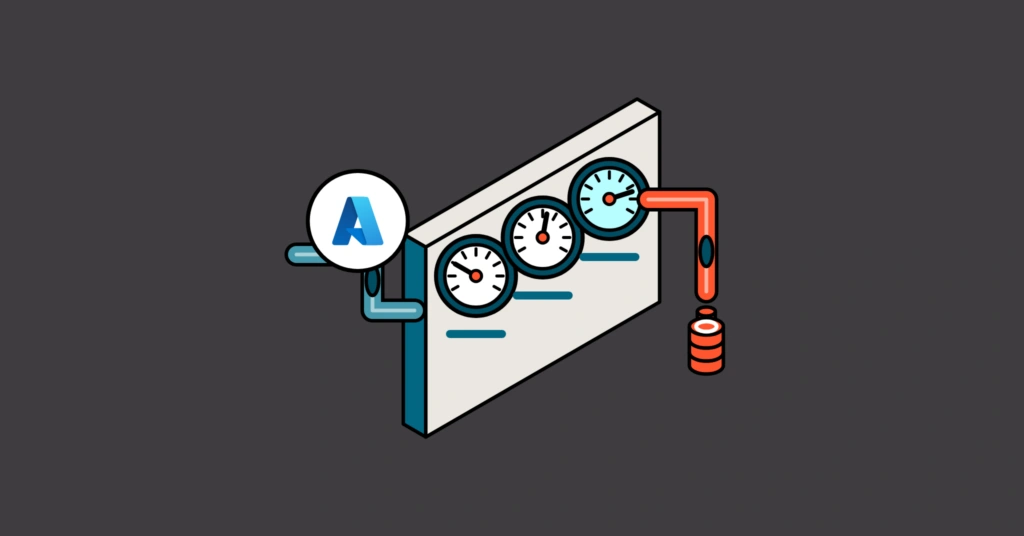 Isometric illustration of a gauge panel with the Microsoft Azure logo and a pipe feeding a stack of coins — estimating Azure spend with an Azure cost calculator.