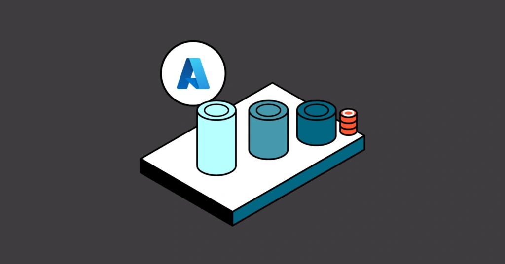 Isometric illustration of graduated cylinders in shades of blue representing Azure Storage tiers, with the Azure logo above and a small red stacked-disc icon beside them.