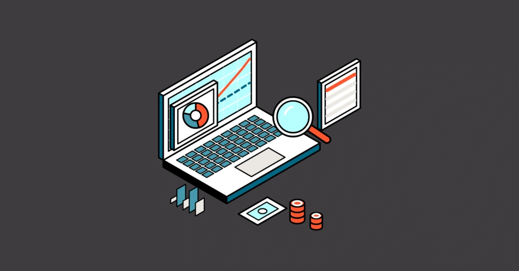 Isometric illustration of a laptop showing financial charts with a magnifying glass, a report, and stacks of coins — financial planning and analysis (FP&A) in the AI spend era.