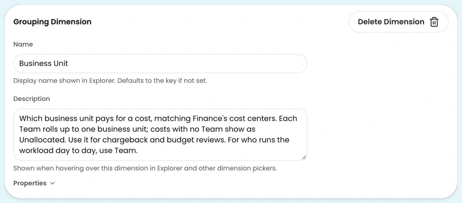 Adding a description to the Business Unit dimension in CloudZero Dimension Studio
