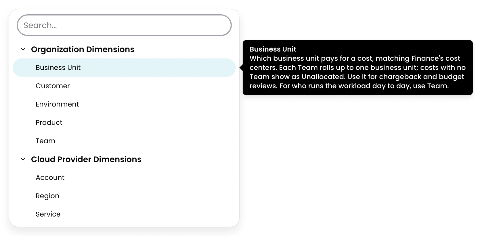 Hovering over Business Unit in the CloudZero dimension picker shows its description alongside the name