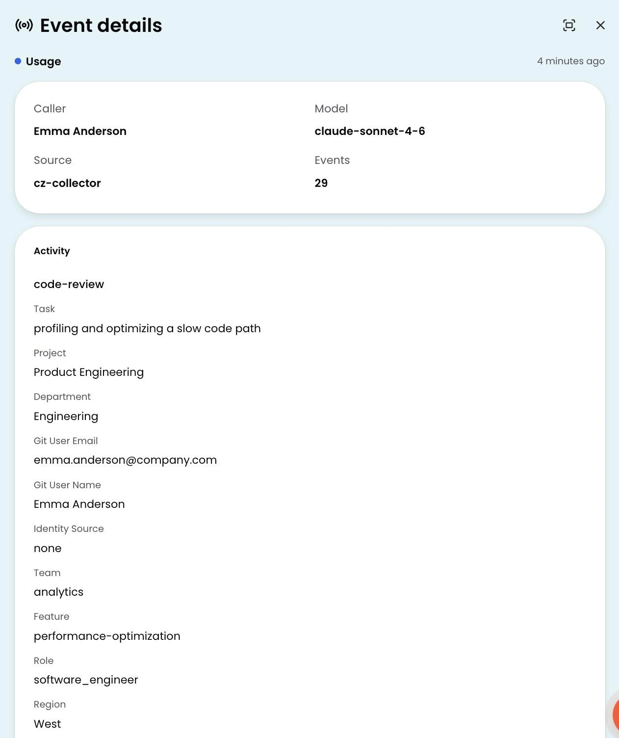 Livestream showing 500 live inference events with summary cards for token usage, cache, cost, and model count across 8 models